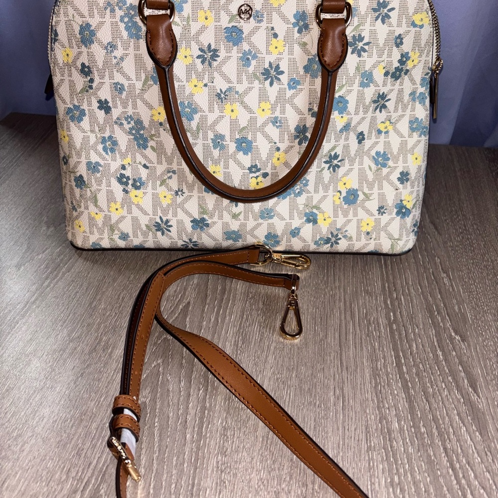 Michael Kors Floral Logo Satchel in White, Blue, Yellow and Brown